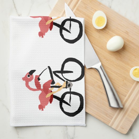 自転車のおもしろいなピンクのフラミンゴの鳥 キッチンタオル (四つ折り)