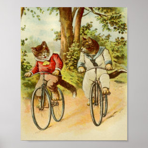 自転車のイラストレーションに乗っているヴィンテージ猫 ポスター