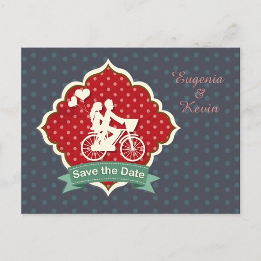 自転車のカップルレトロ日付はがきを保存 案内ポストカード (正面)