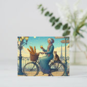 自転車のネコに乗る女性 ポストカード (スタンド正面)