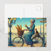 自転車のネコに乗る女性 ポストカード (正面/裏面)