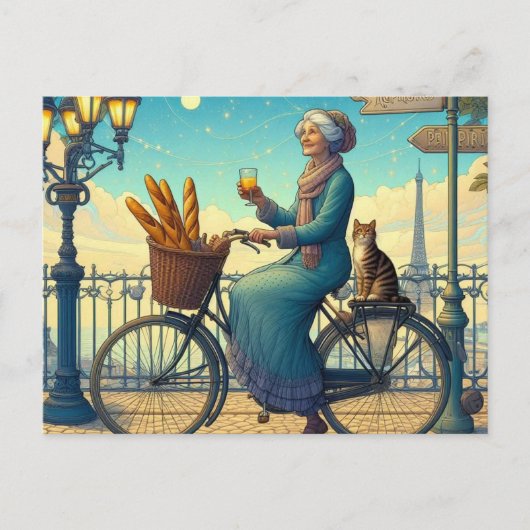 自転車のネコに乗る女性 ポストカード (正面)