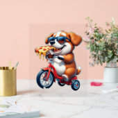 自転車のピザに乗っ食べている子犬 アクリルサイン (ウェディング)