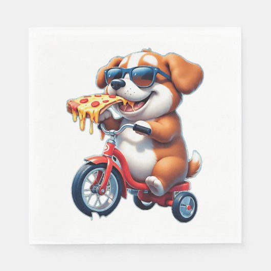 自転車のピザに乗っ食べている子犬 スタンダードランチョンナプキン (正面)