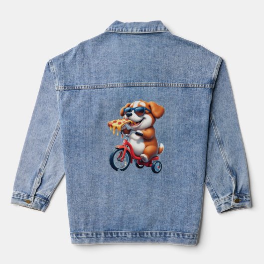 自転車のピザに乗っ食べている子犬 デニムジャケット (裏面)