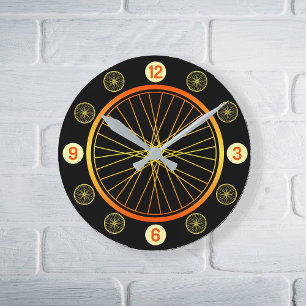自転車のホイール(オレンジ)黒 ラウンド壁時計