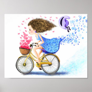 自転車のポスターに載った若い女の子の愛のハート ポスター