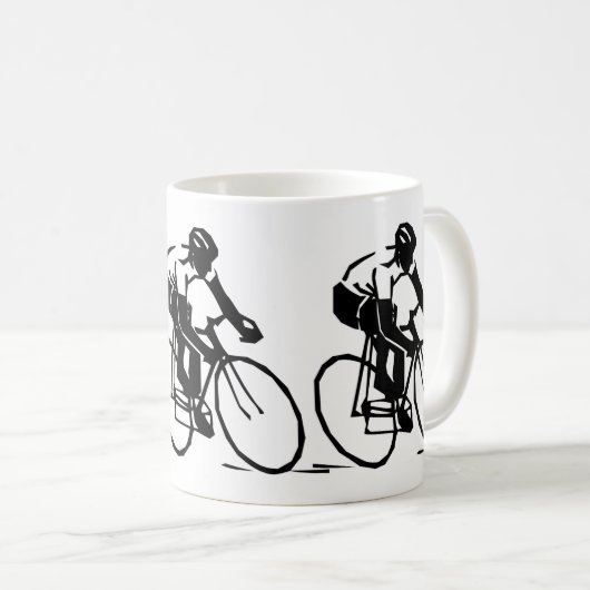 自転車のライダーのバイクのレーサーの黒のシルエットのスポーツ コーヒーマグカップ (正面右)