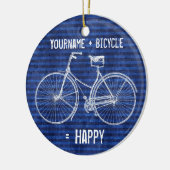 自転車の同輩の青い幸せなアンティークのストライプと セラミックオーナメント (左)