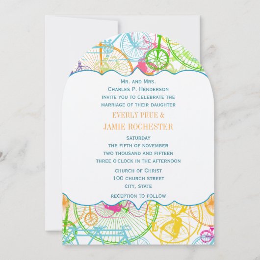自転車の明るい色の様式化ヴィンテージウェディング 招待状 (正面)