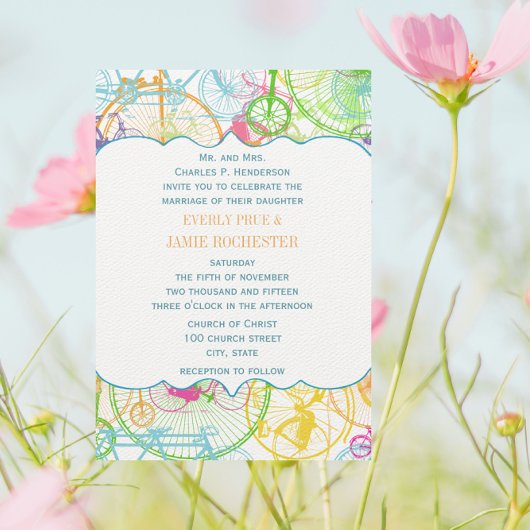 自転車の明るい色の様式化ヴィンテージウェディング 招待状