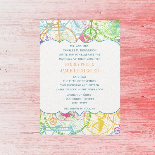 自転車の明るい色の様式化ヴィンテージウェディング 招待状