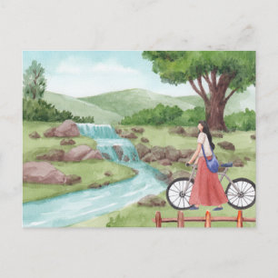 自転車の水彩付き緑の風景の女の子 ポストカード