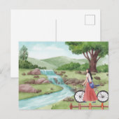 自転車の水彩付き緑の風景の女の子 ポストカード (正面/裏面)
