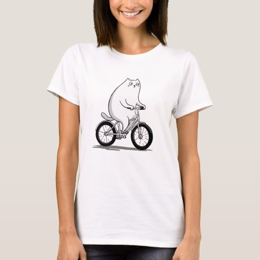 自転車の漫画に乗ってかわいい丸っぽい猫 Tシャツ (正面)