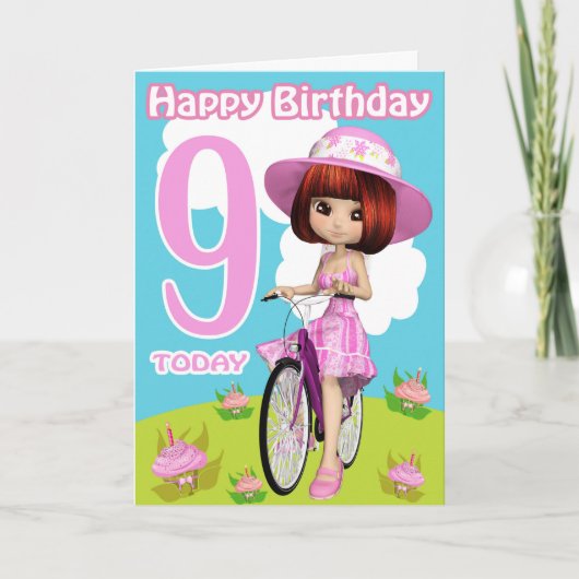 自転車の第9かわいらし誕生日カード小さな女の子 カード (正面)