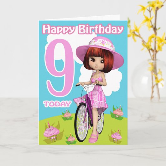 自転車の第9かわいらし誕生日カード小さな女の子 カード (黄色い花)