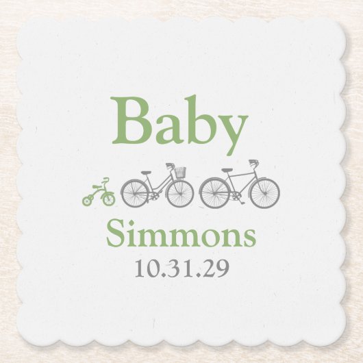 自転車の緑のベビースシャワー ペーパーコースター (正面)