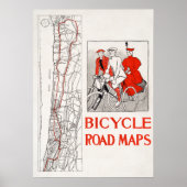 自転車の道路地図。レッドヴィンテージレトロ旧アンティーク ポスター (正面)