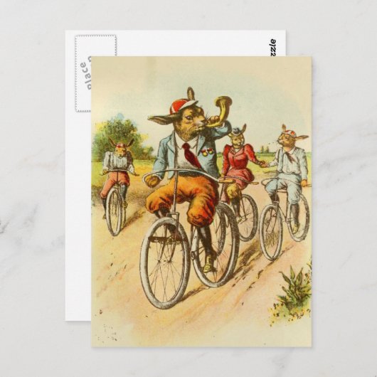 自転車の郵便はがきに乗るヴィンテージのウサギ ポストカード (正面/裏面)