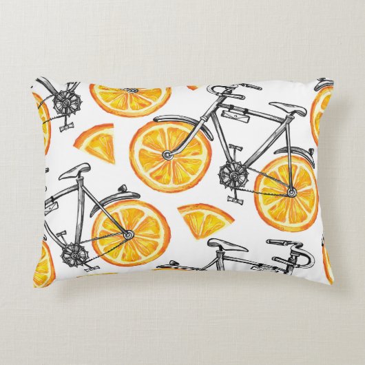 自転車オレンジ：水彩夏パターン アクセントクッション (正面)