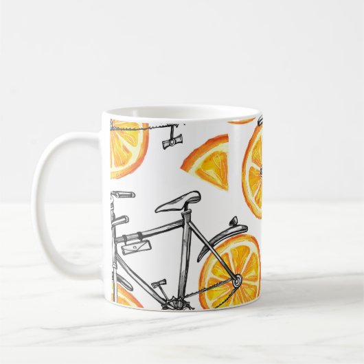 自転車オレンジ:水彩夏パターン コーヒーマグカップ (左)