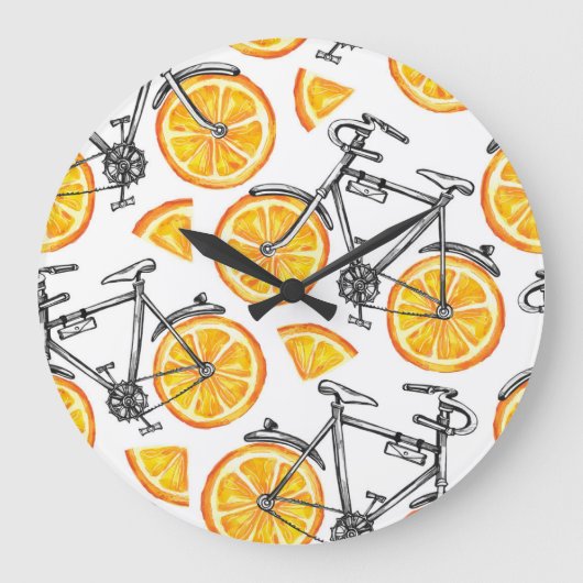 自転車オレンジ:水彩夏パターン ラージ壁時計 (正面)