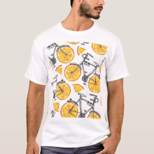 自転車オレンジ：水彩夏パターン Tシャツ