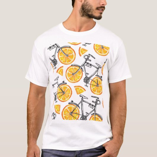 自転車オレンジ:水彩夏パターン Tシャツ (正面)