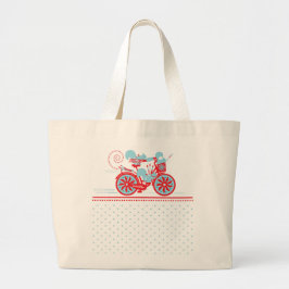 自転車ジャンボトートのリス – ライトブルー/レッド ラージトートバッグ