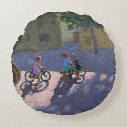 自転車スペインを持つ3人の子供 ラウンドクッション (正面)