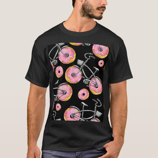 自転車ドーナツ車輪の水彩パターン Tシャツ (正面)