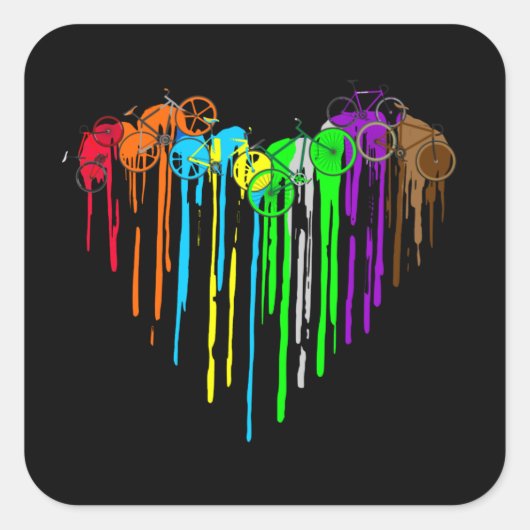 自転車ハートカラフルシャツアートサイクル愛好家 スクエアシール (正面)