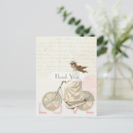 自転車ビクトリアンに乗ったヴィンテージガールありがとう ポストカード (スタンド正面)