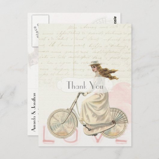 自転車ビクトリアンに乗ったヴィンテージガールありがとう ポストカード (正面/裏面)