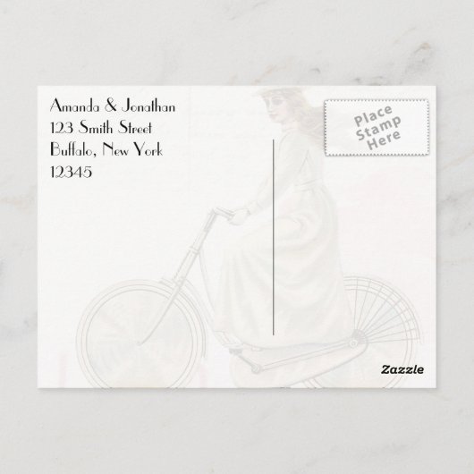 自転車ビクトリアンに乗ったヴィンテージガールありがとう ポストカード (裏面)