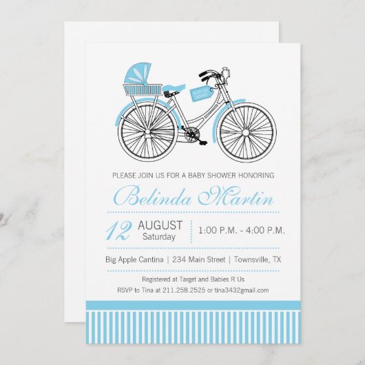 自転車ベビーシャワーブルー招待状 招待状 (正面/裏面)