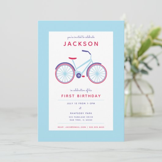 自転車モダン青と赤の誕生日 招待状 (スタンド正面)