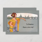 自転車乗りの女性の自転車旅行案内 招待状 (正面/裏面)