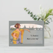 自転車乗りの女性の自転車旅行案内 招待状 (スタンド正面)