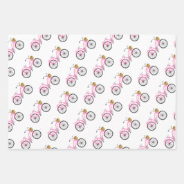 自転車休暇おもしろいピンクホワイトブルー名門私立校風の ラッピングペーパーシート