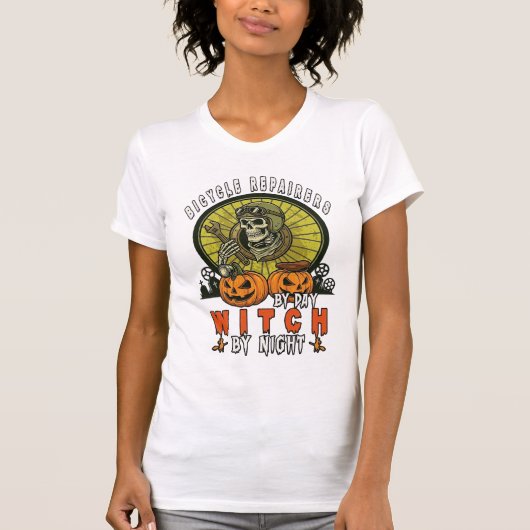 自転車修理屋の魔女のドクロ レンチ カボチャ ホール Tシャツ (正面)