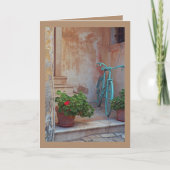 自転車及び鉢付きゼラニウム折りグリーティングカード カード (正面)