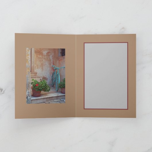 自転車及び鉢付きゼラニウム折りグリーティングカード カード (内部)