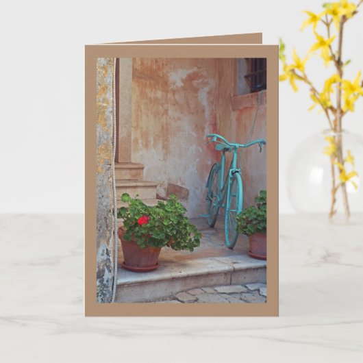 自転車及び鉢付きゼラニウム折りグリーティングカード カード (黄色い花)
