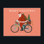 自転車図解入りの、写真付きのに乗るサンタカスタムー シーズンポストカード<br><div class="desc">オリジナルのイラストレーションサンタのバイクのバックにカスタムメッセージ/写真オプションの背景色とメッセージを持つ。©ベッキーNimoy 2021</div>