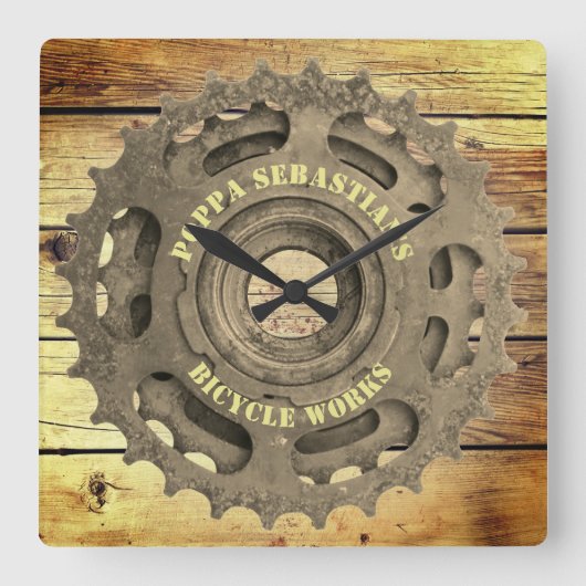 自転車素朴ギアスプロケットテンプレート角壁 スクエア壁時計 (正面)
