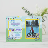 自転車誕生日自転車に乗るパーティーブルーボーイズ写真 招待状 (スタンド正面)
