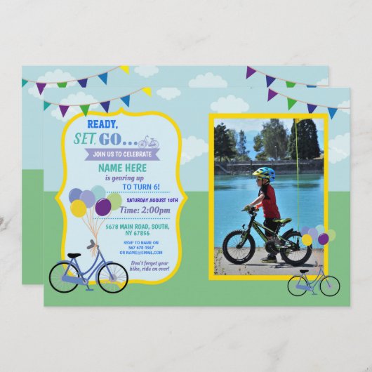 自転車誕生日自転車に乗るパーティーブルーボーイズ写真 招待状 (正面/裏面)