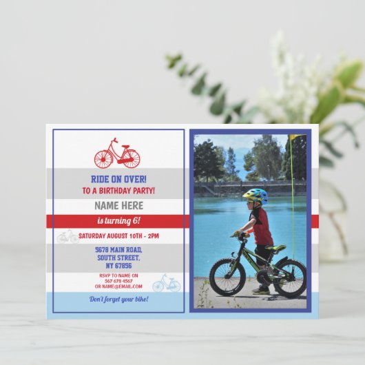 自転車誕生日自転車に乗るパーティー赤い少年の写真 招待状 (スタンド正面)